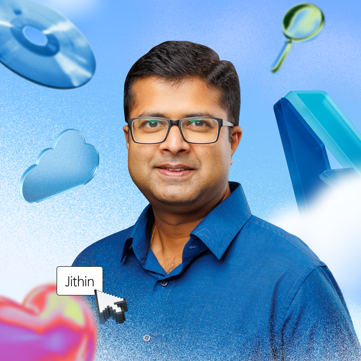 Man in blue shirt with digital graphics of a CD, magnifying glass, cloud, and heart against a blue background.