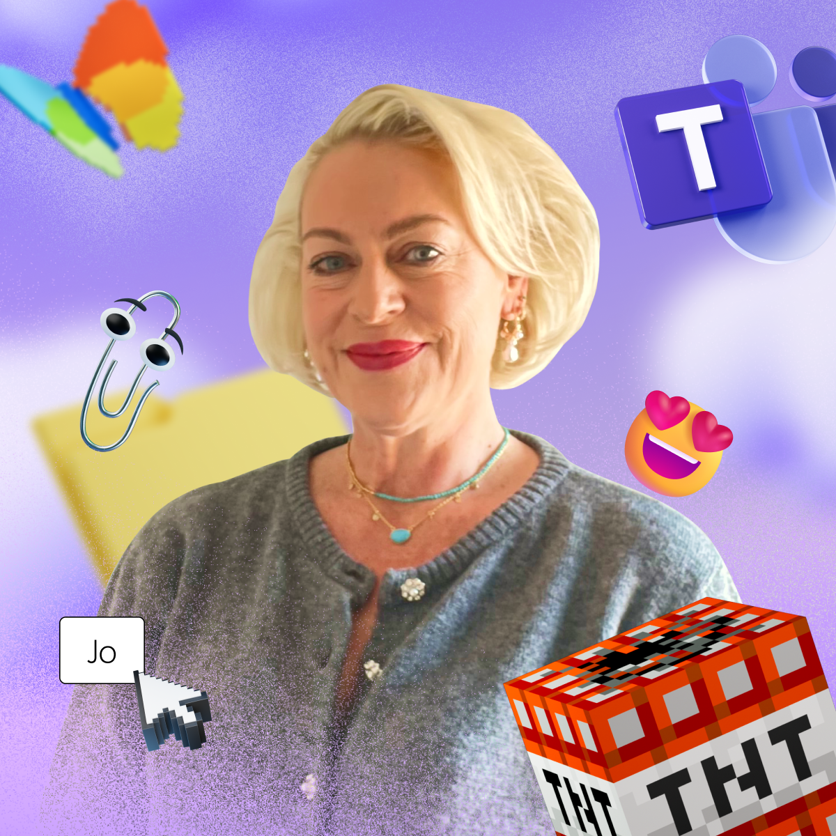 A woman stands smiling against a digital backdrop with icons of Clippy, Microsoft Teams, a heart-eye emoji, and a TNT block. She wears a gray sweater and has short blonde hair.
