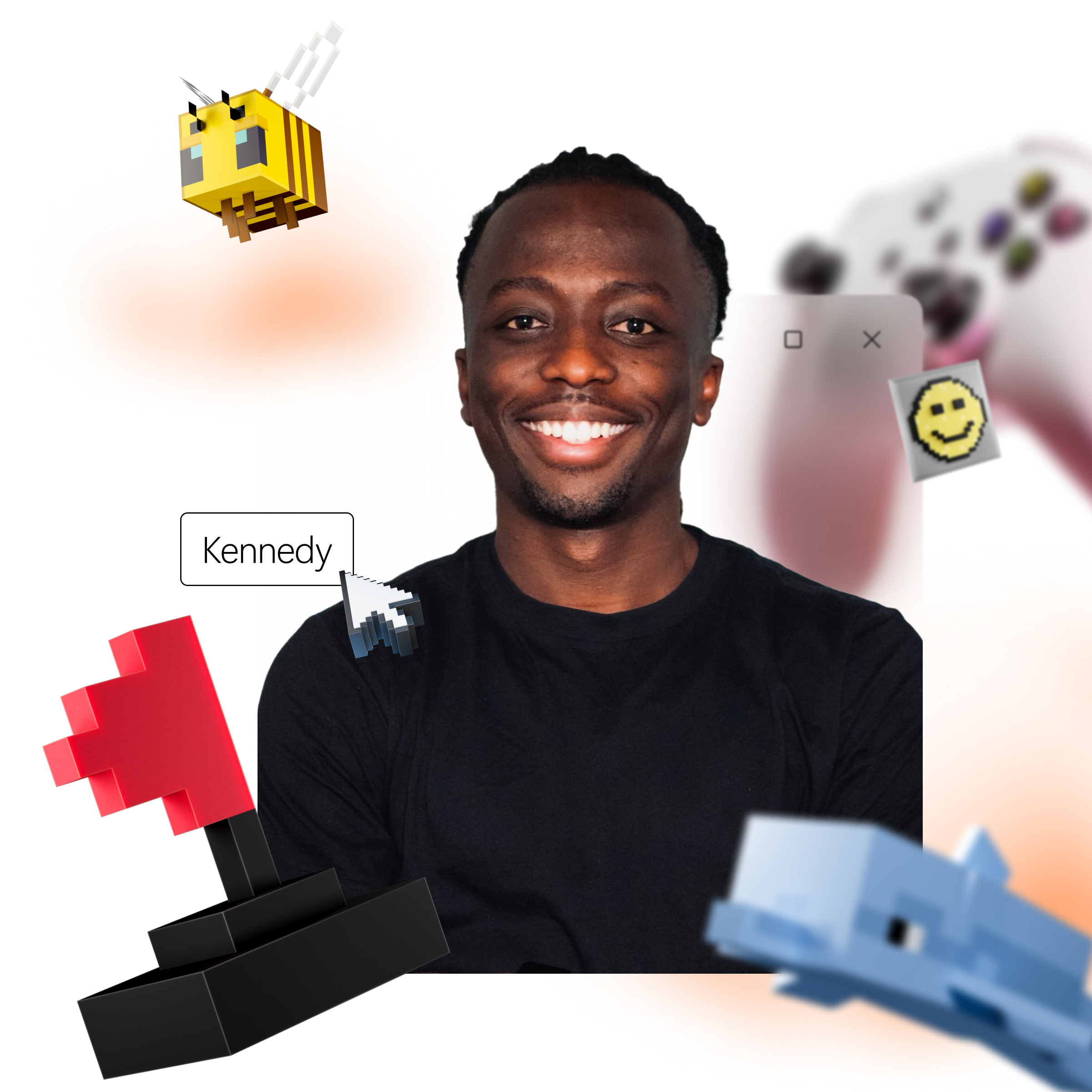 Smiling man with virtual elements around, including a bee, cursor, building blocks, game controller, and a text label saying "Kennedy.