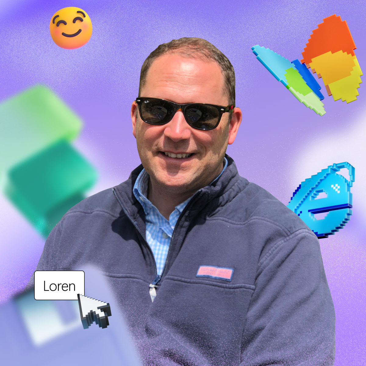 Man in sunglasses smiles, wearing a blue jacket with a blue checkered shirt. Background has a purple hue with various colorful digital icons and an emoji.