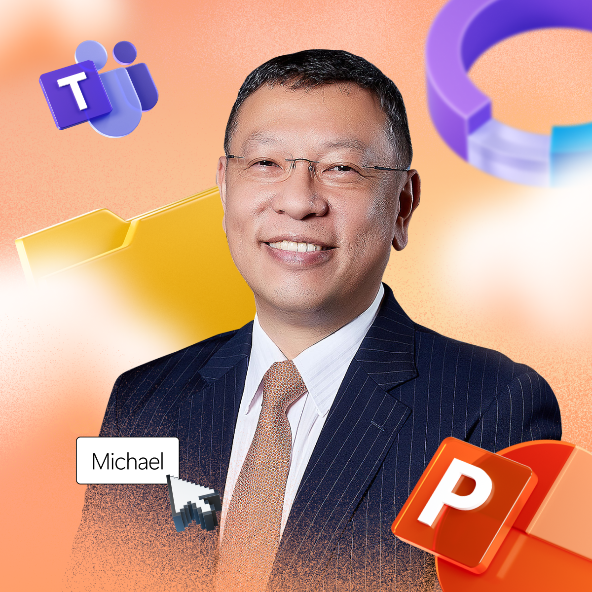 Man in a suit smiling with Microsoft Teams, Office icons, and a folder in the background.
