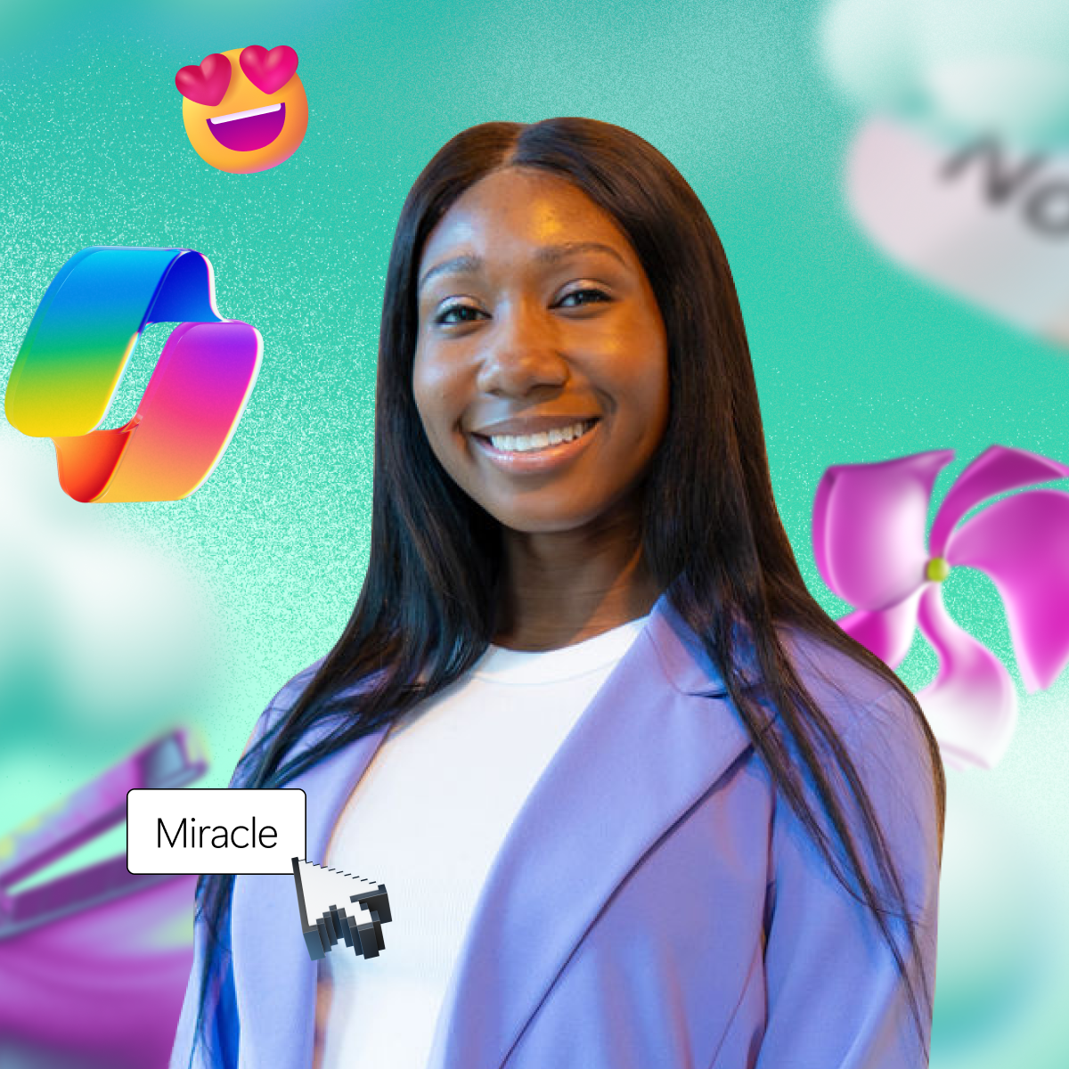 A person in a purple jacket smiles in front of a colorful background with emojis and graphic elements. The name "Miracle" appears beside them.