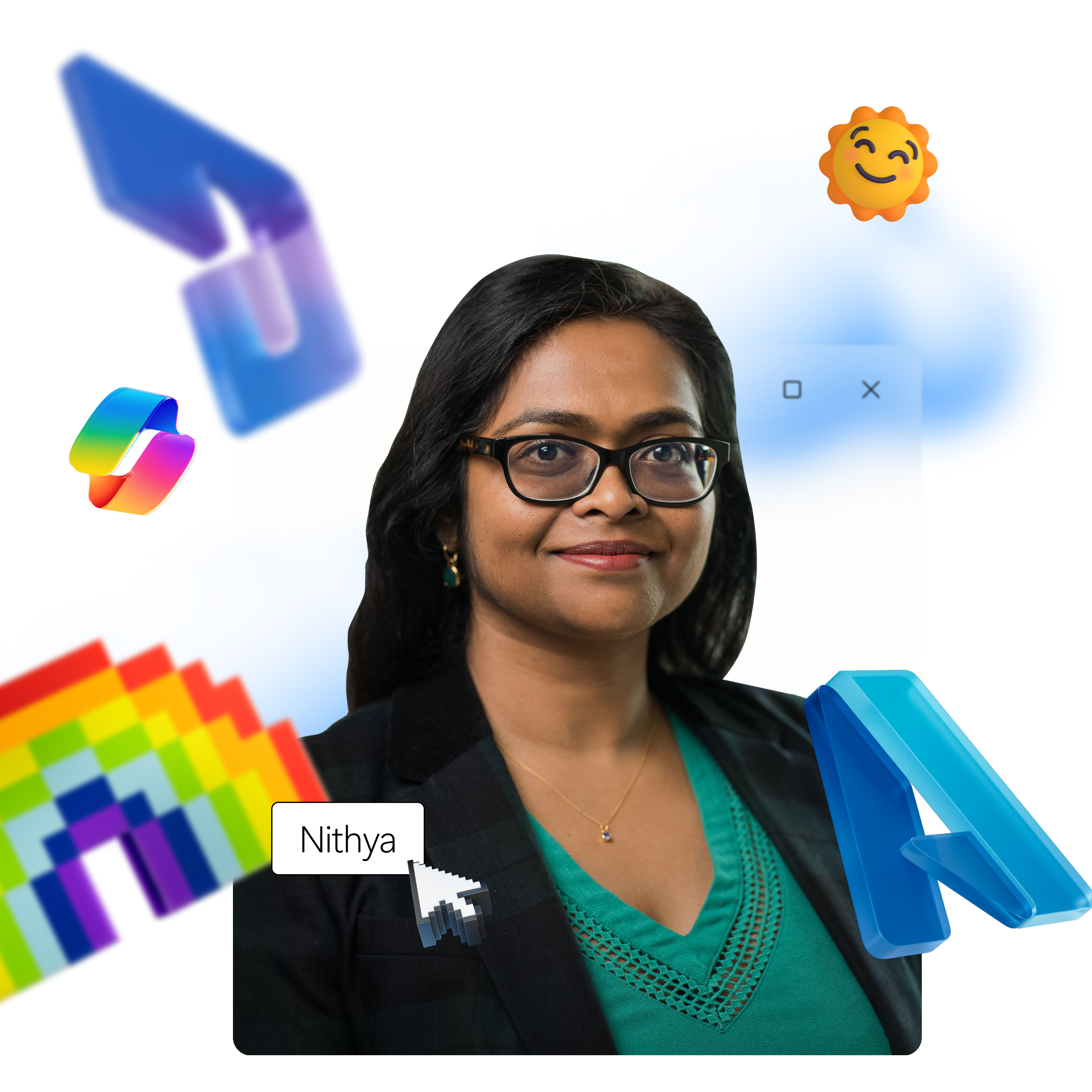 A person with glasses and a green top is in the center, surrounded by colorful digital art elements like clouds and arrows.