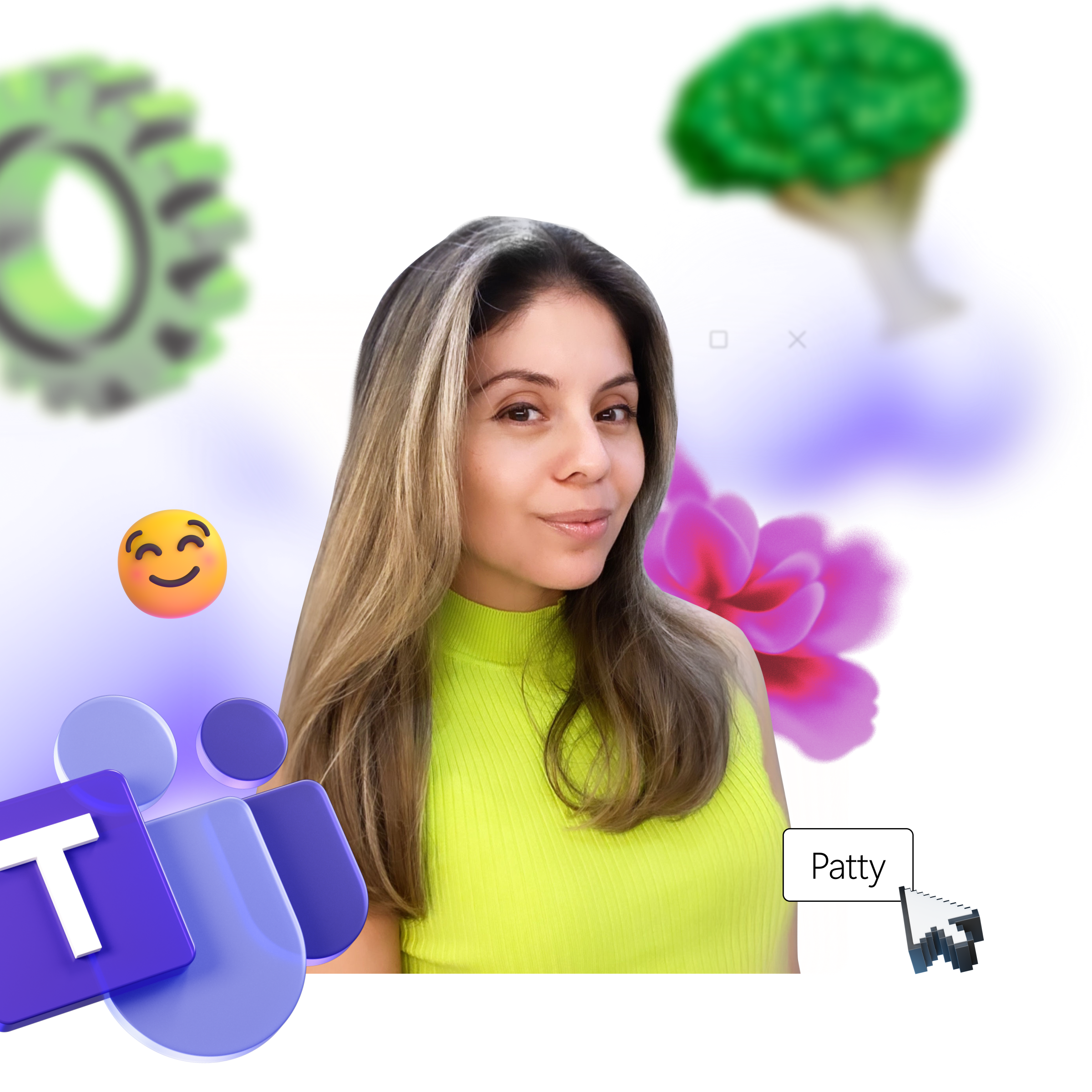Smiling woman with long hair wearing a bright green top, surrounded by abstract icons including a broccoli, a gear, and a flower.