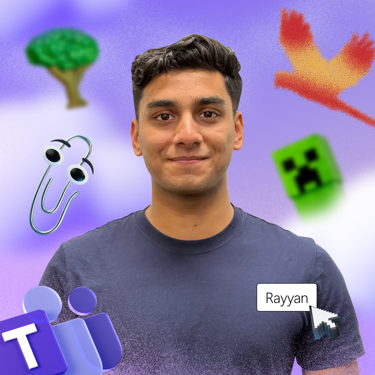 A person in a blue shirt stands against a purple background with various digital icons and the name "Rayyan" in a speech bubble.