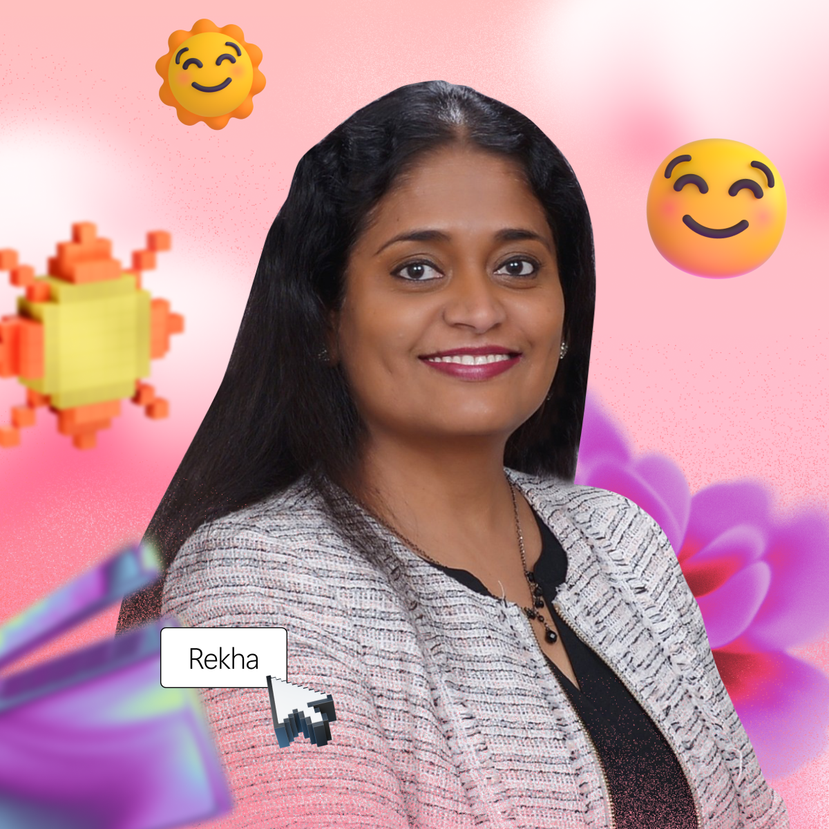 A person with long hair in a light jacket smiles against a pink background featuring a flower, emojis, and a digital name tag labeled "Rekha.