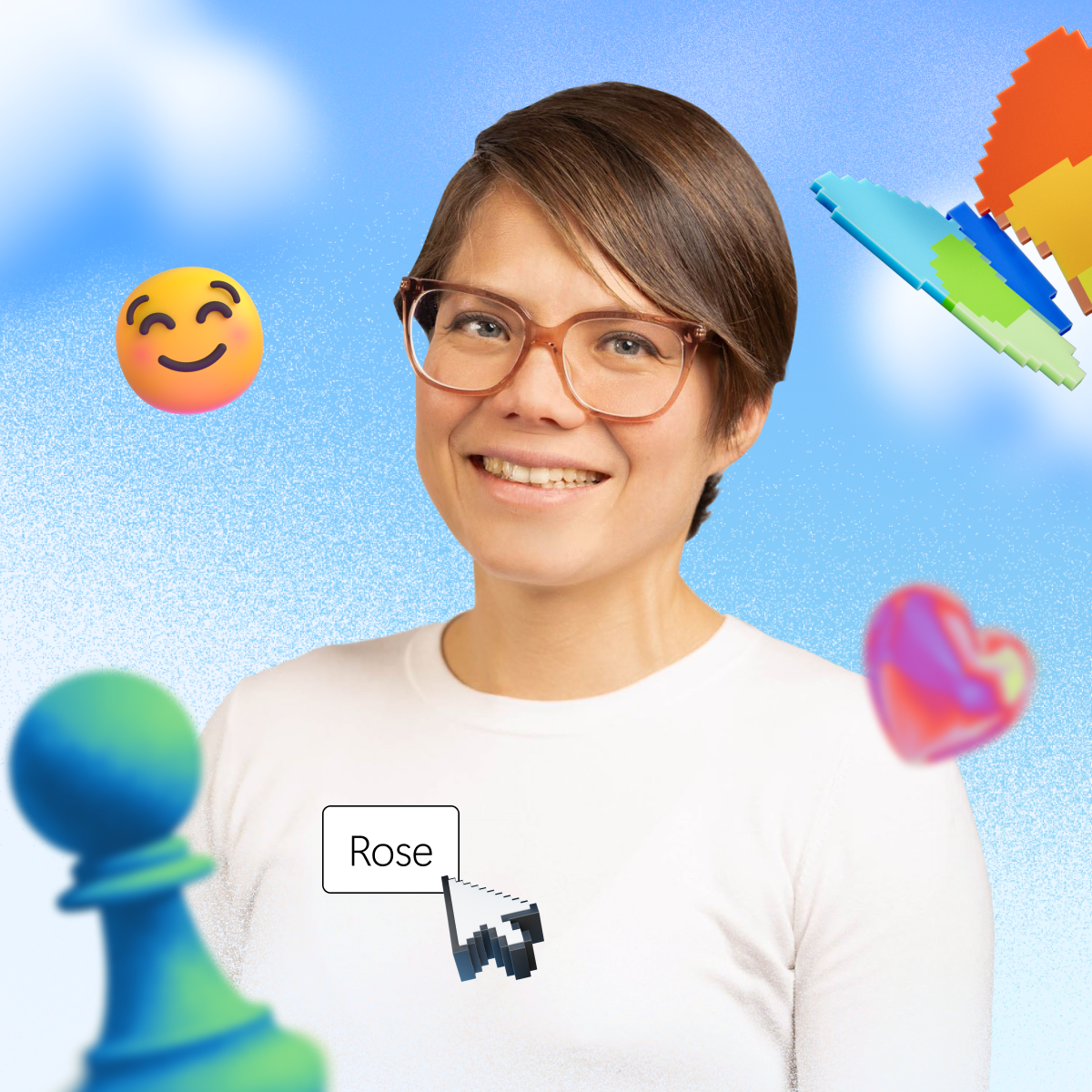 A person with short hair and glasses smiles at the camera. Various icons including emojis, a chess piece, and a cursor with the word "Rose" are around them.
