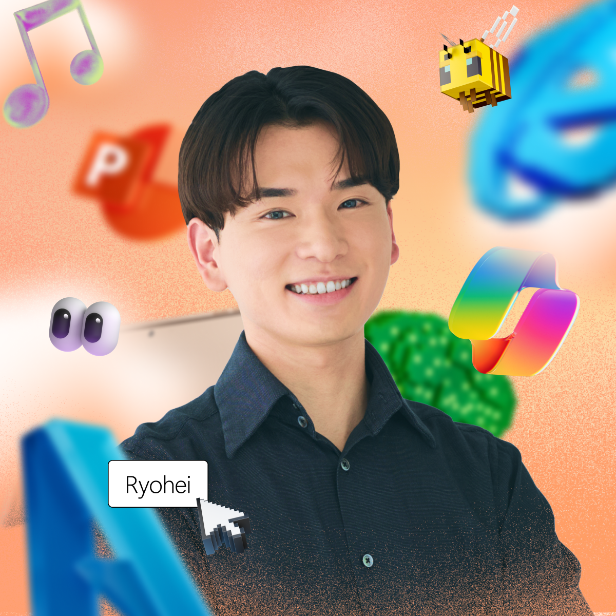 Smiling person in front of colorful digital icons on an orange background. Cursor points to a speech bubble with the text "Ryohei.