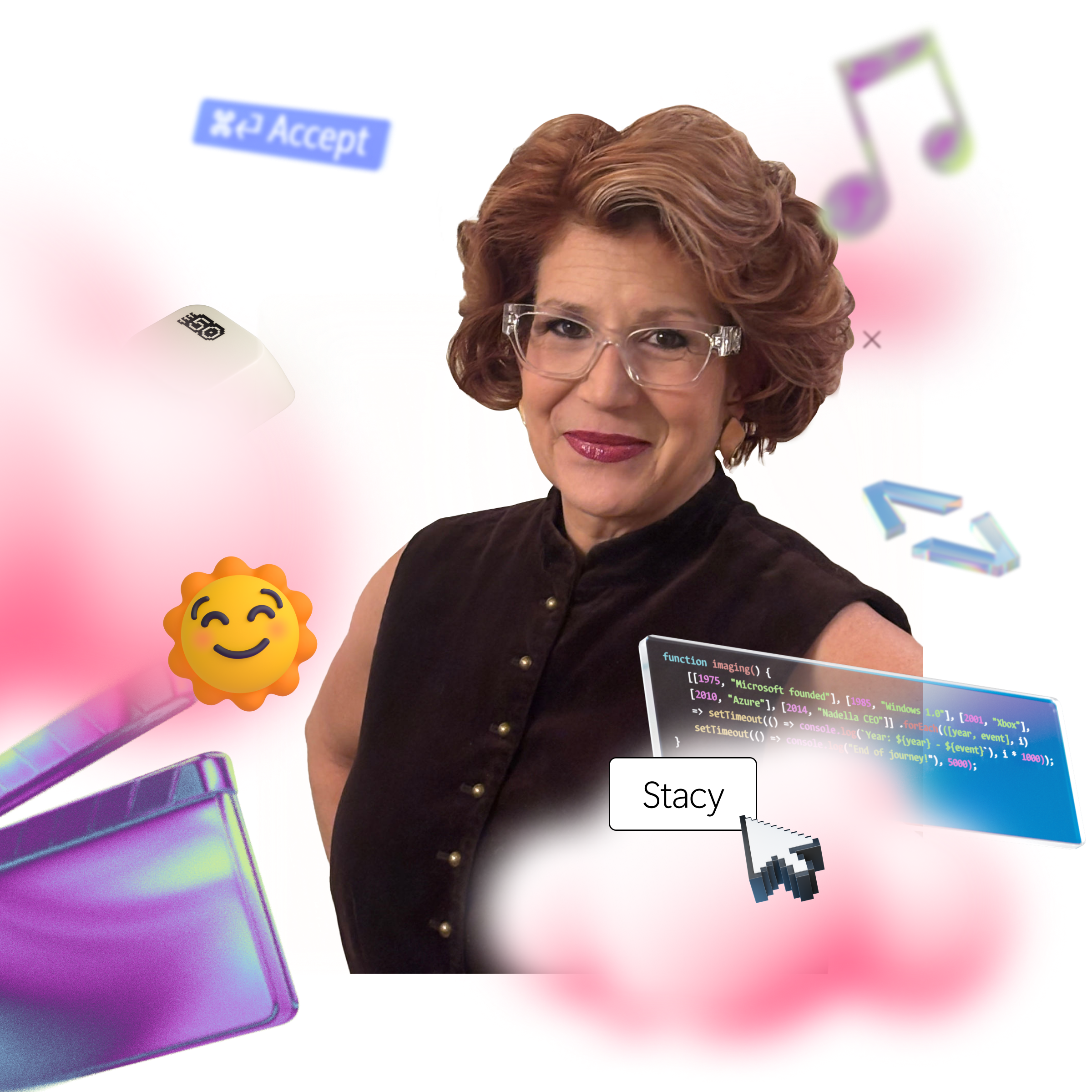 Woman with glasses in a black top, standing in a digital-themed collage with music notes, code, emojis, and a cursor pointing to the name "Stacy.