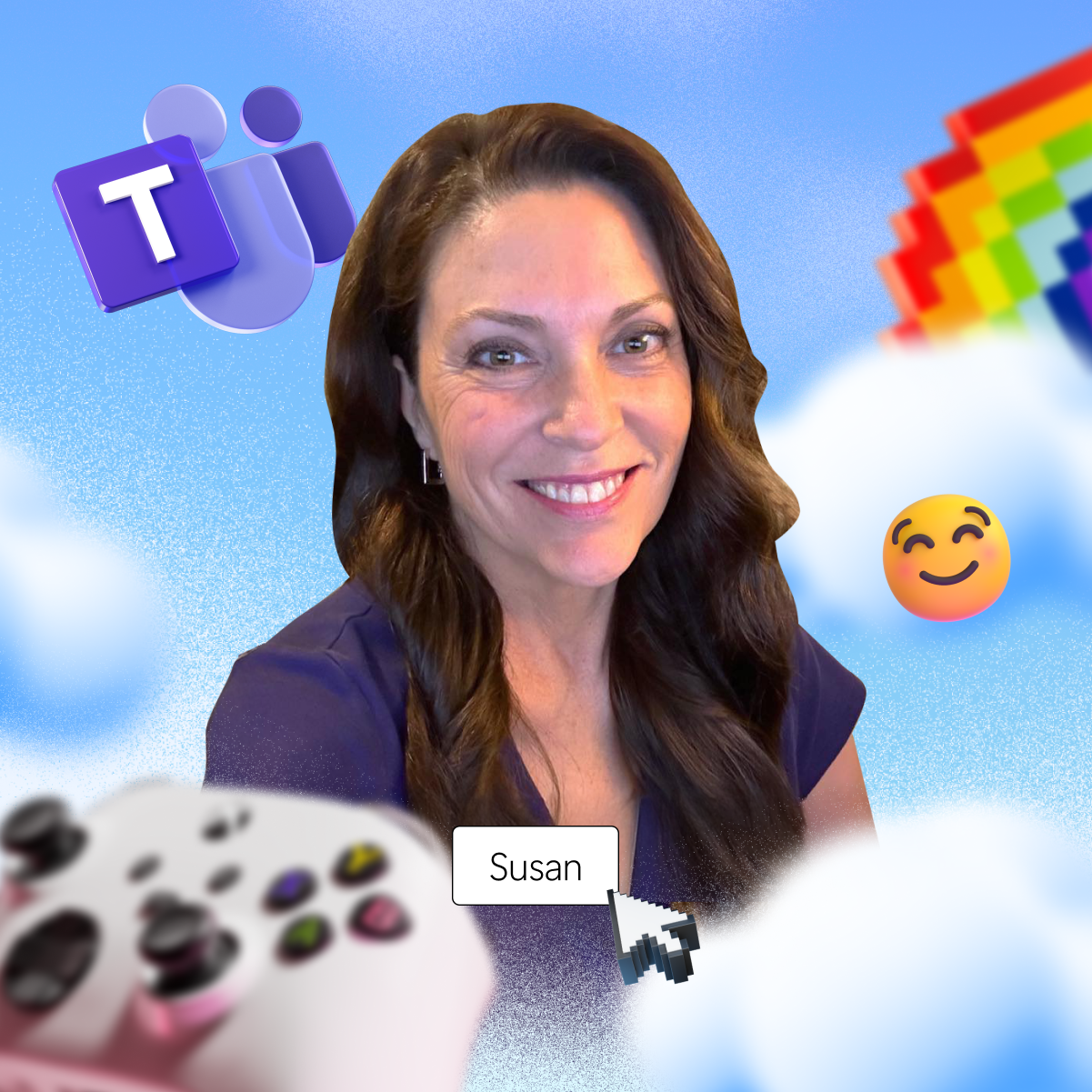 A woman smiles, surrounded by colorful icons including a rainbow, smiling face, mouse cursor labeled "Susan," gaming controller, and the Teams logo, against a blue sky and clouds background.