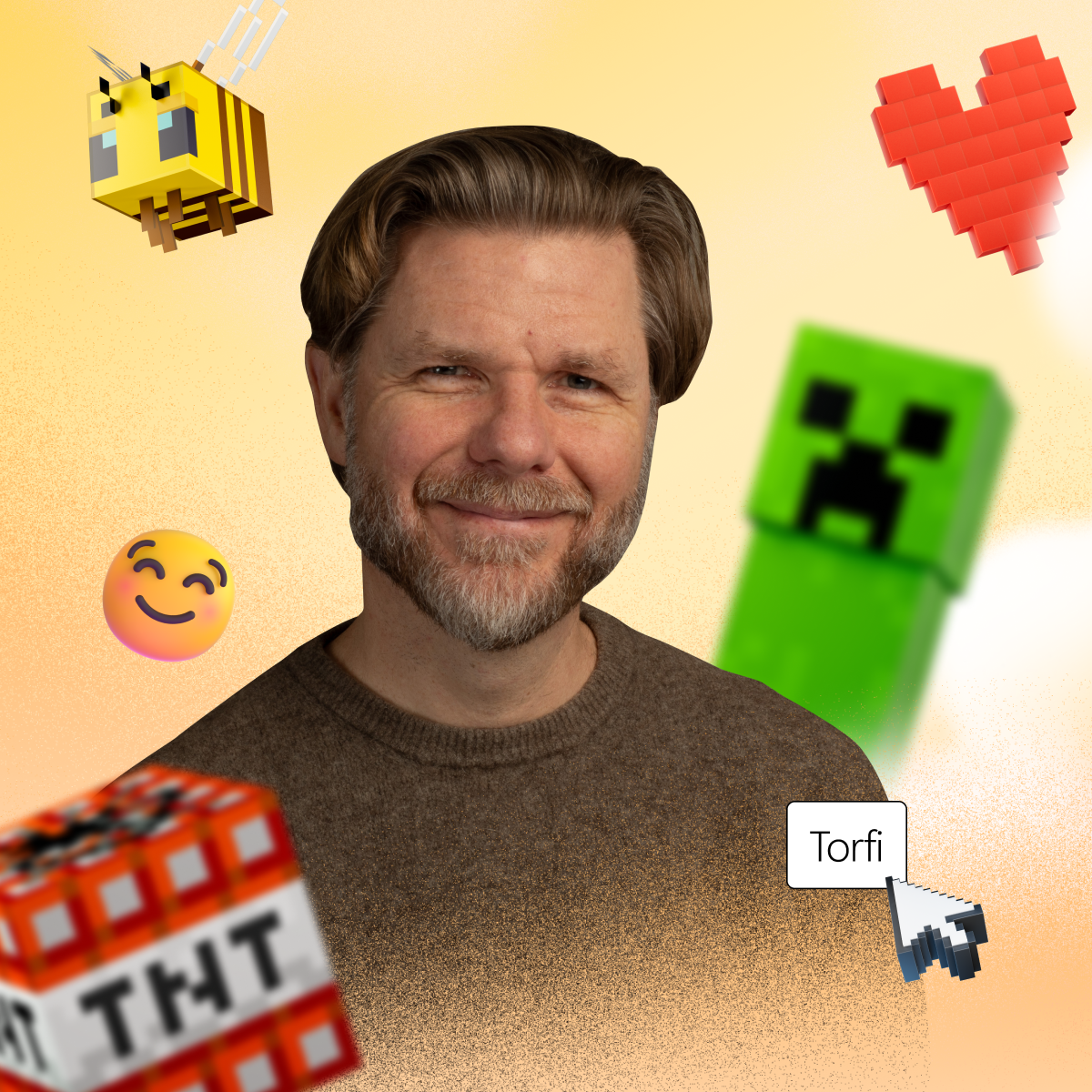 A smiling man surrounded by pixelated gaming icons, including a bee, heart, creeper, TNT block, and a cursor pointing to a text box labeled "Torfi.