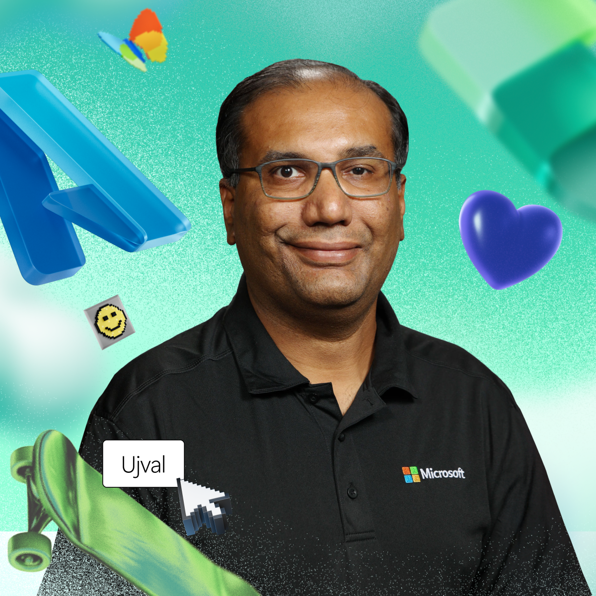 Man in a black Microsoft polo shirt with glasses, surrounded by colorful digital icons on a green background, and a text box labeled "Ujval.