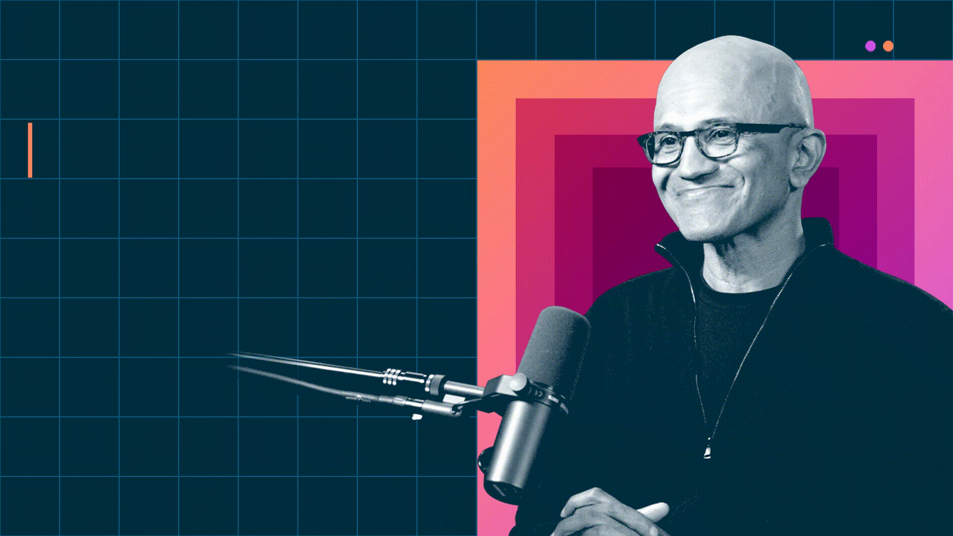A man with glasses and a microphone sits in front of a colorful geometric background with grid lines, appearing ready for an interview or podcast.