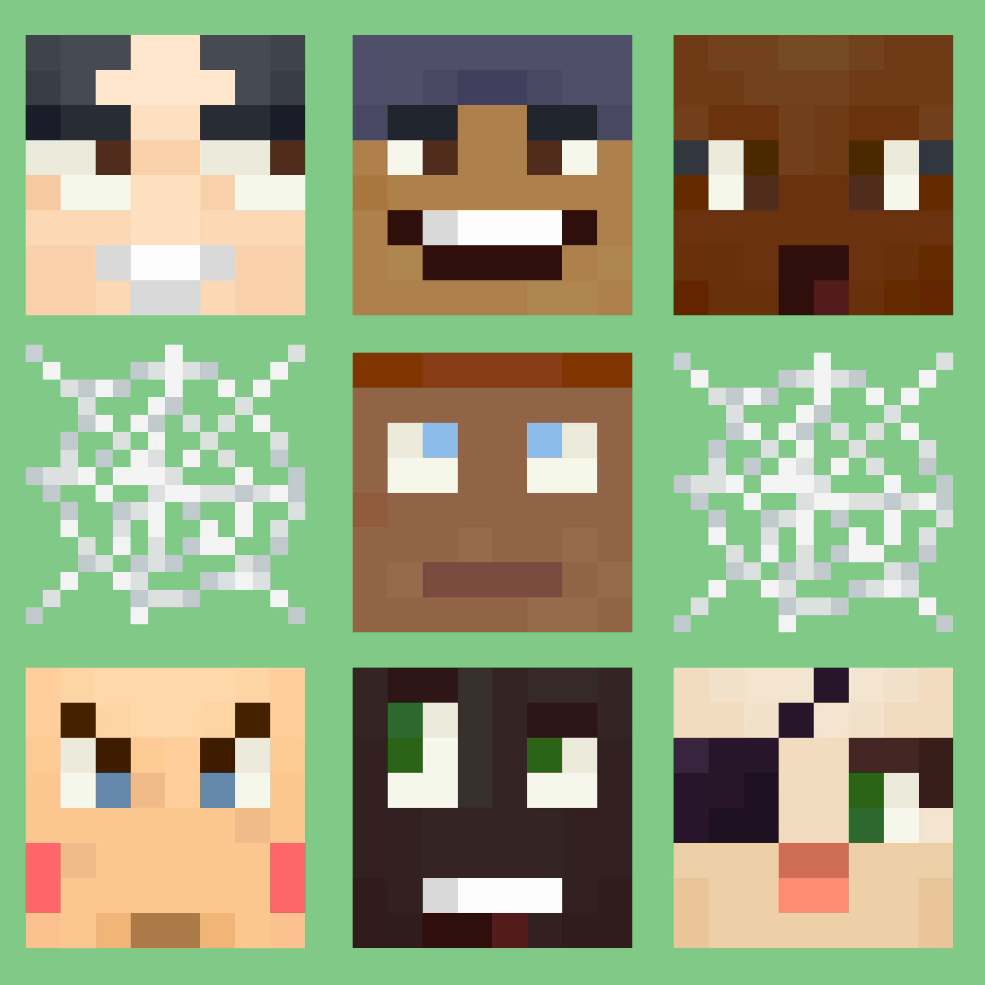 A 3x3 grid of pixelated, Minecraft-style faces on a green background, with two white spiderweb designs in the middle left and right squares.
