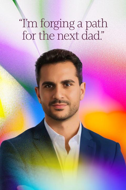 A man in a suit stands against a colorful, abstract background with the text, "I’m forging a path for the next dad." displayed above him.