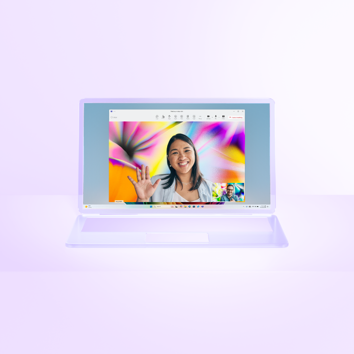 A laptop displays a video call with a woman waving and smiling, set against a bright, abstract background.