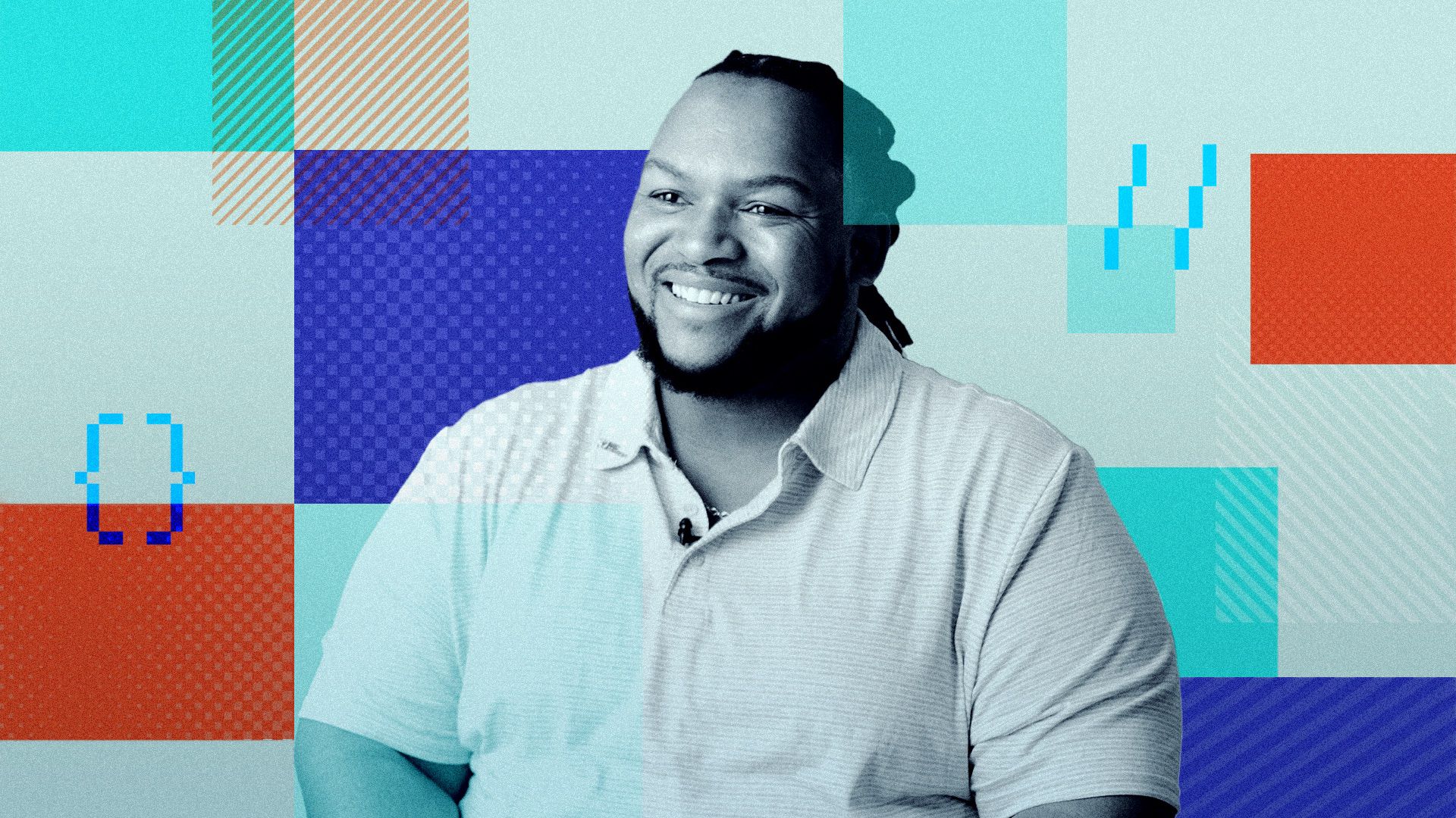 A man in a light-colored polo shirt smiles while sitting against a background of colorful geometric shapes and digital graphics.