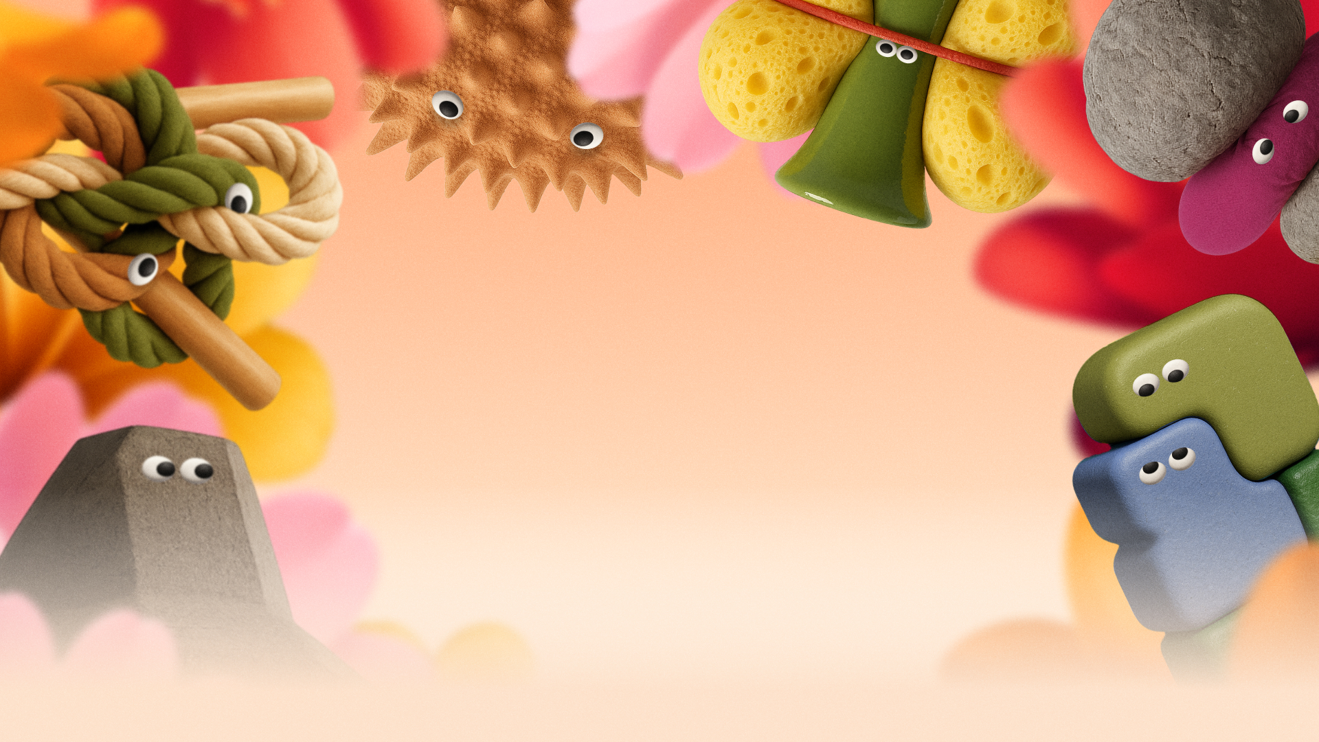 Colorful objects with googly eyes arranged around the edges of the image, including ropes, sponges, stones, and geometric shapes, with a soft, blurred background.