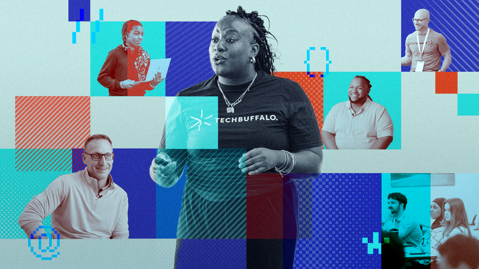 A woman wearing a “TechBuffalo” shirt speaks, with smaller images of diverse people engaging in activities in the background, overlaid with geometric shapes.