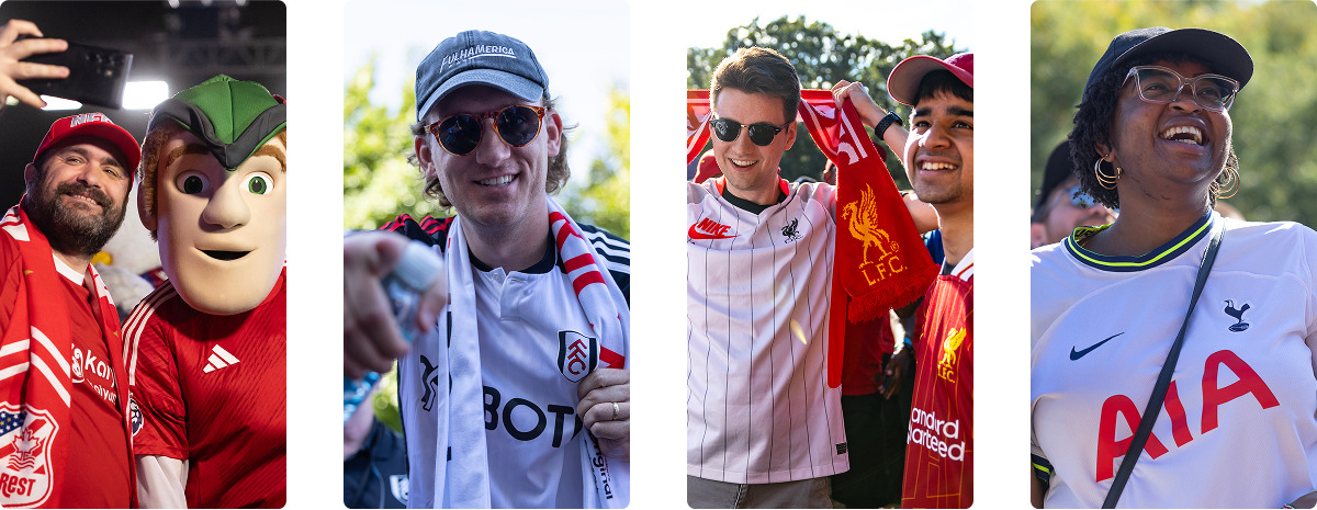 Four images show soccer fans wearing different team jerseys and scarves, smiling and posing outdoors; teams represented include Nottingham Forest, Fulham, Liverpool, and Tottenham.