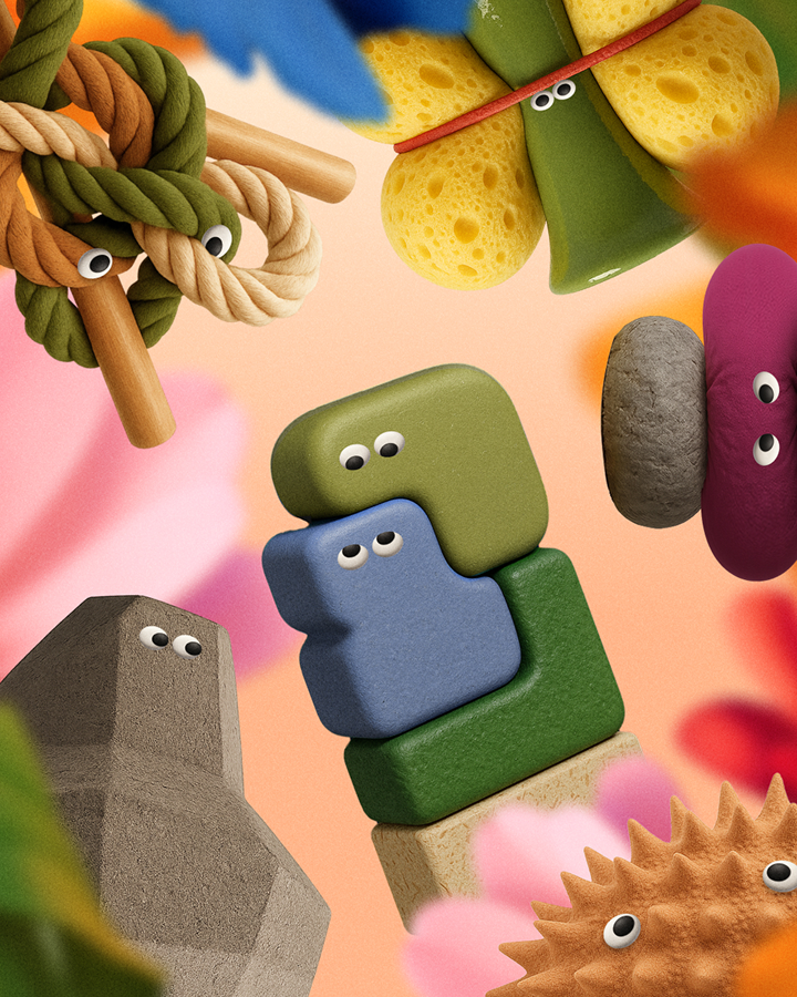 Various household objects such as sponges, ropes, and stones with googly eyes are arranged against a peach background, giving them playful and animated appearances.