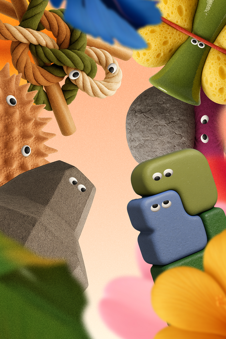 A variety of household objects and materials, including rope, sponges, stones, and blocks, are arranged with googly eyes against a pastel background.