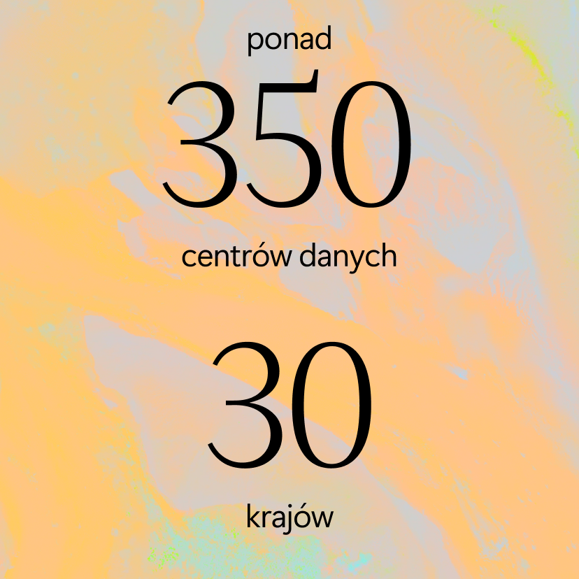 Tekst w języku polskim na kolorowym abstrakcyjnym tle: ponad 350 centrów danych, 30 krajów, co oznacza ponad 350 centrów danych, 30 krajów.