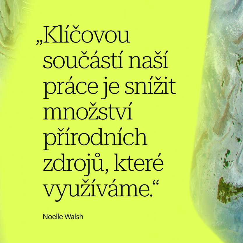 Černý český text na žlutozeleném pozadí s částečným pohledem na mramorovanou, světle modrou a zelenou texturu vpravo. Text je citátem Noelle Walshové o snižování využívání přírodních zdrojů.