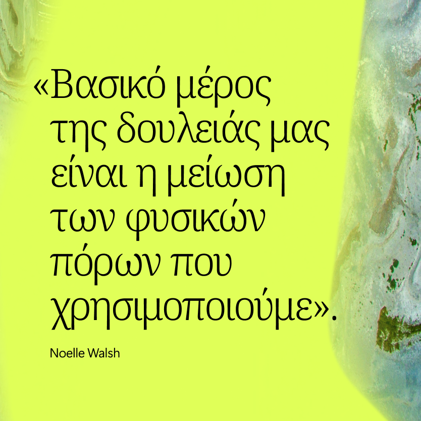 Ελληνικό κείμενο σε κιτρινοπράσινο φόντο με μερική άποψη μαρμάρινης πέτρας στα δεξιά. Το απόσπασμα αναφέρεται στη μείωση της χρήσης των φυσικών πόρων και αποδίδεται στη Noelle Walsh.