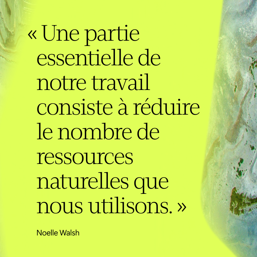 French quote on a yellow-green background with soft abstract shapes. The quote by Noelle Walsh discusses the importance of reducing the number of natural resources we use.