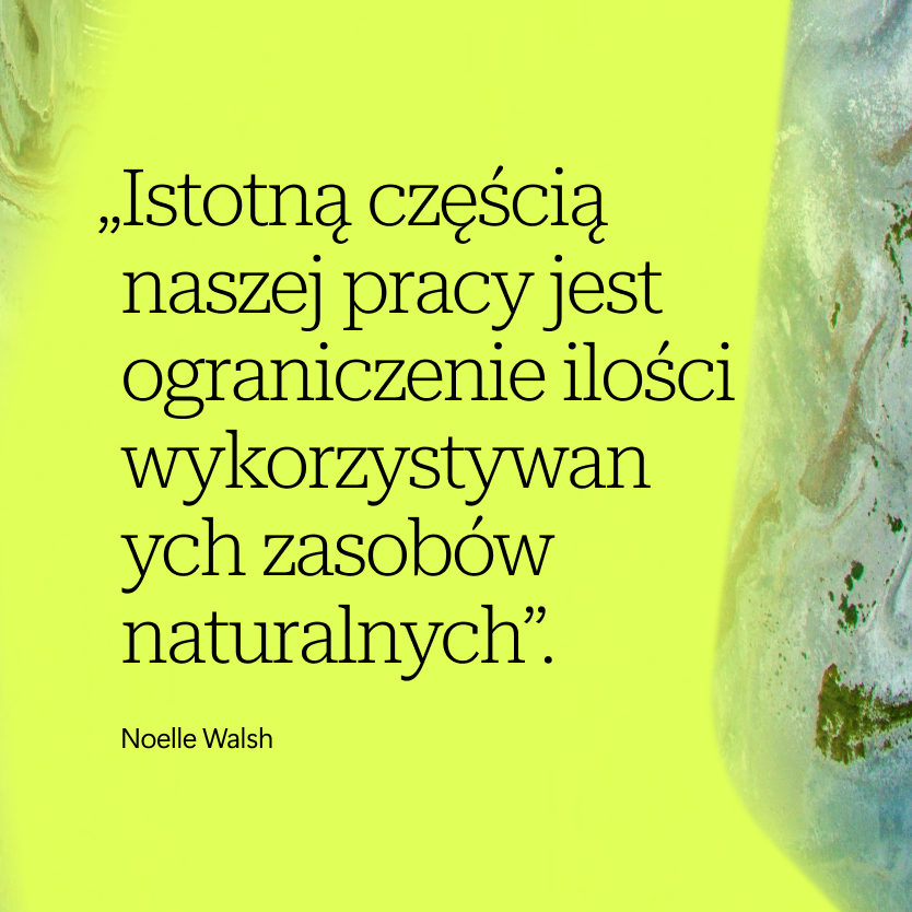 Polski cytat w czarnym tekście na żółto-zielonym tle z abstrakcyjnymi wzorami; brzmi: Istotną częścią naszej pracy jest ograniczenie ilości wykorzystywanych zasobów naturalnych. - Noelle Walsh.