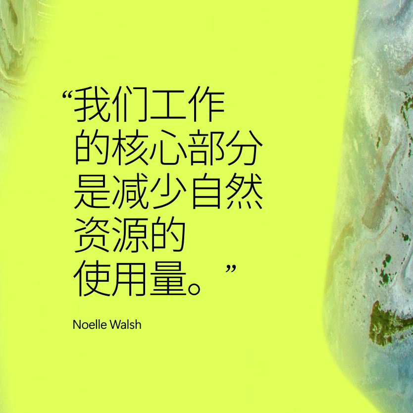Chinese quote in black text on a yellow-green background with abstract shapes. The quote translates to “The core part of our work is to reduce the use of natural resources.” —Noelle Walsh.