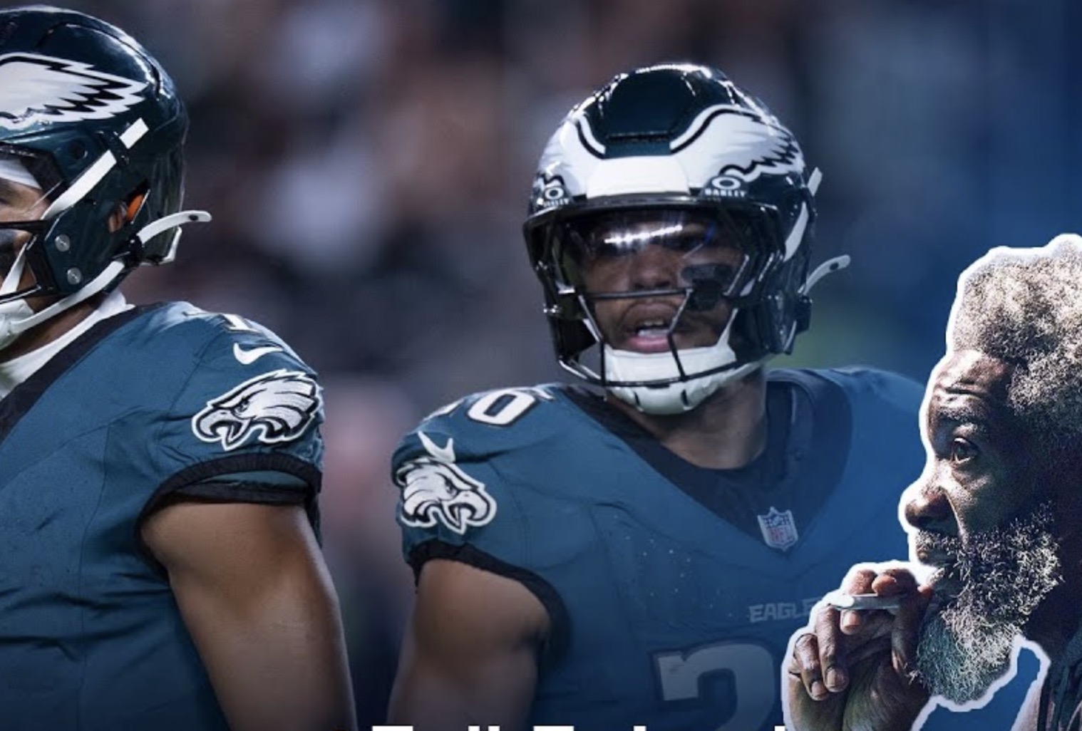 Two Philadelphia Eagles football players in dark green uniforms and helmets stand on the field, while a man with gray hair and beard appears in the foreground, looking thoughtful.