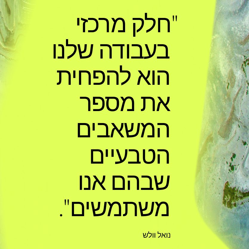 ציטוט בעברית על רקע צהוב ובו נכתב: חלק מרכזי בעבודה שלנו הוא להפחית את מספר המשאבים הטבעיים שבהם אנו משתמשים. – גואל ולש.