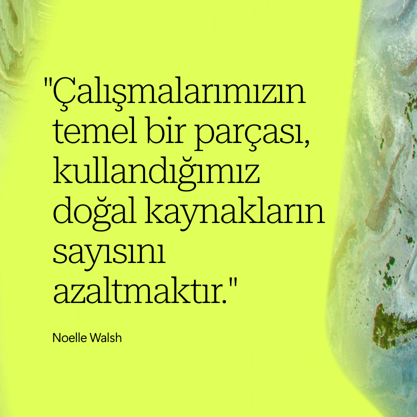 Soyut desenli sarı-yeşil zemin üzerine Türkçe bir alıntı. Alıntı şöyledir: Çalışmalarımızın temel bir parçası, kullandığımız doğal kaynakların sayısını azaltmaktır. Noelle Walsh'a atfedilmiştir.
