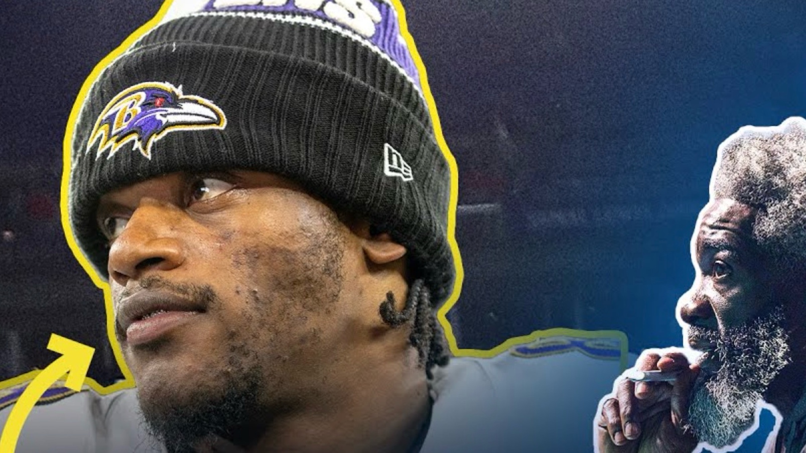 A football player in a black Baltimore Ravens beanie looks to the side, highlighted by a yellow outline, while an older man with gray hair and beard smokes and looks thoughtfully at him from the right.