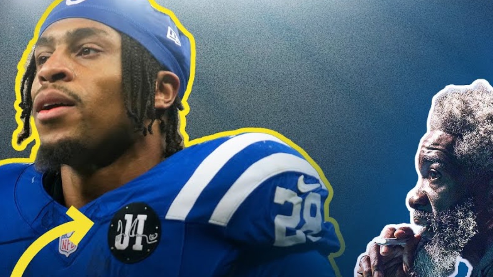 A football player in a blue and white Indianapolis Colts uniform and cap looks determined; an older man with a gray beard is seen to the right, gazing thoughtfully.