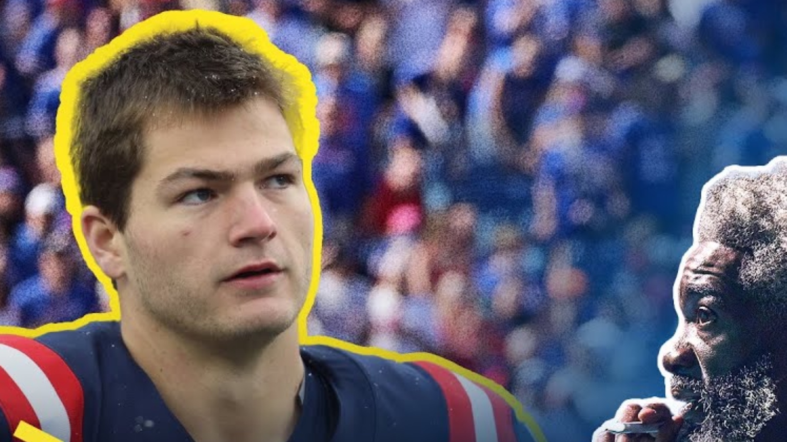 A football player in uniform is outlined in yellow on the left, looking upward. On the right, an older man with gray hair and beard appears in profile against a blurred background of a cheering crowd.