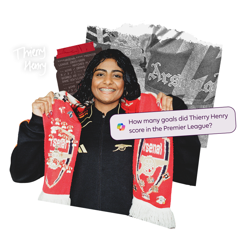 A smiling person wearing an Arsenal scarf holds it open. A text bubble asks, How many goals did Thierry Henry score in the Premier League? The words Favorite player Thierry Henry appear in handwritten text above. Arsenal imagery forms the background.