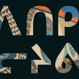 Bold, geometric letters with cutout sections revealing colorful graffiti art on a wall behind them, set against a dark background.