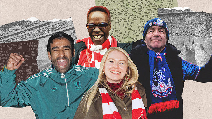 Four enthusiastic soccer fans, wearing scarves and coats, smile and cheer in front of a collage background featuring stadium scenes and text.