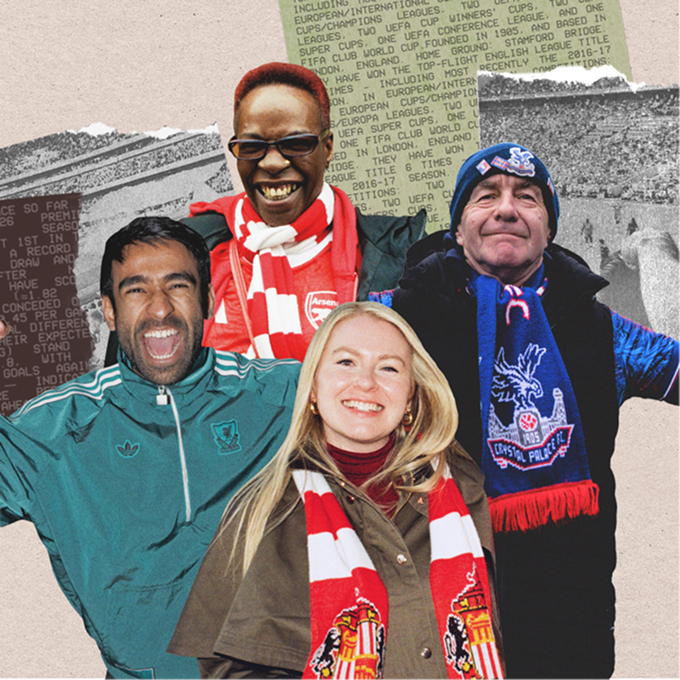 Four football fans stand together smiling, wearing scarves from different teams including Arsenal, Sunderland, and Crystal Palace. Text and stadium images form the collage-style background.