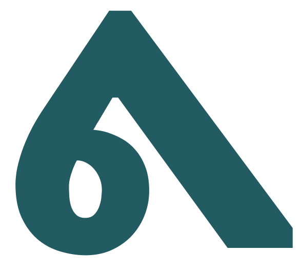 A bold, teal-colored number six with an extended diagonal line emerging from its top, forming a stylized upward arrow shape, on a light gray background.