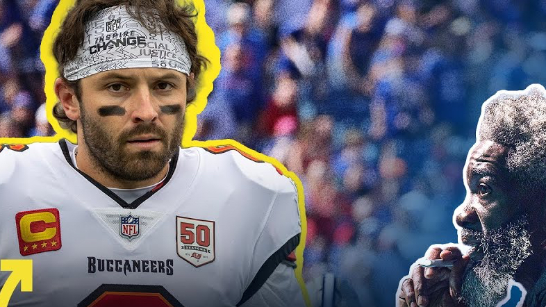 An NFL player in a Tampa Bay Buccaneers uniform with a headband looks focused. To the right, a man with gray hair and beard appears thoughtful, set against a blurred blue background.