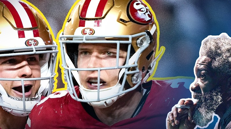 Three American football players are featured; two in red San Francisco 49ers uniforms and helmets, and one with gray hair and beard, wearing blue, on the right side of the image. The players appear to be shouting or speaking.