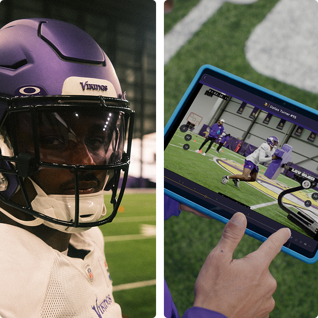 Split image: Left shows a football player in a purple Vikings helmet and white jersey on an indoor field. Right shows a hand holding a tablet displaying a video of a Vikings player practicing on the field.