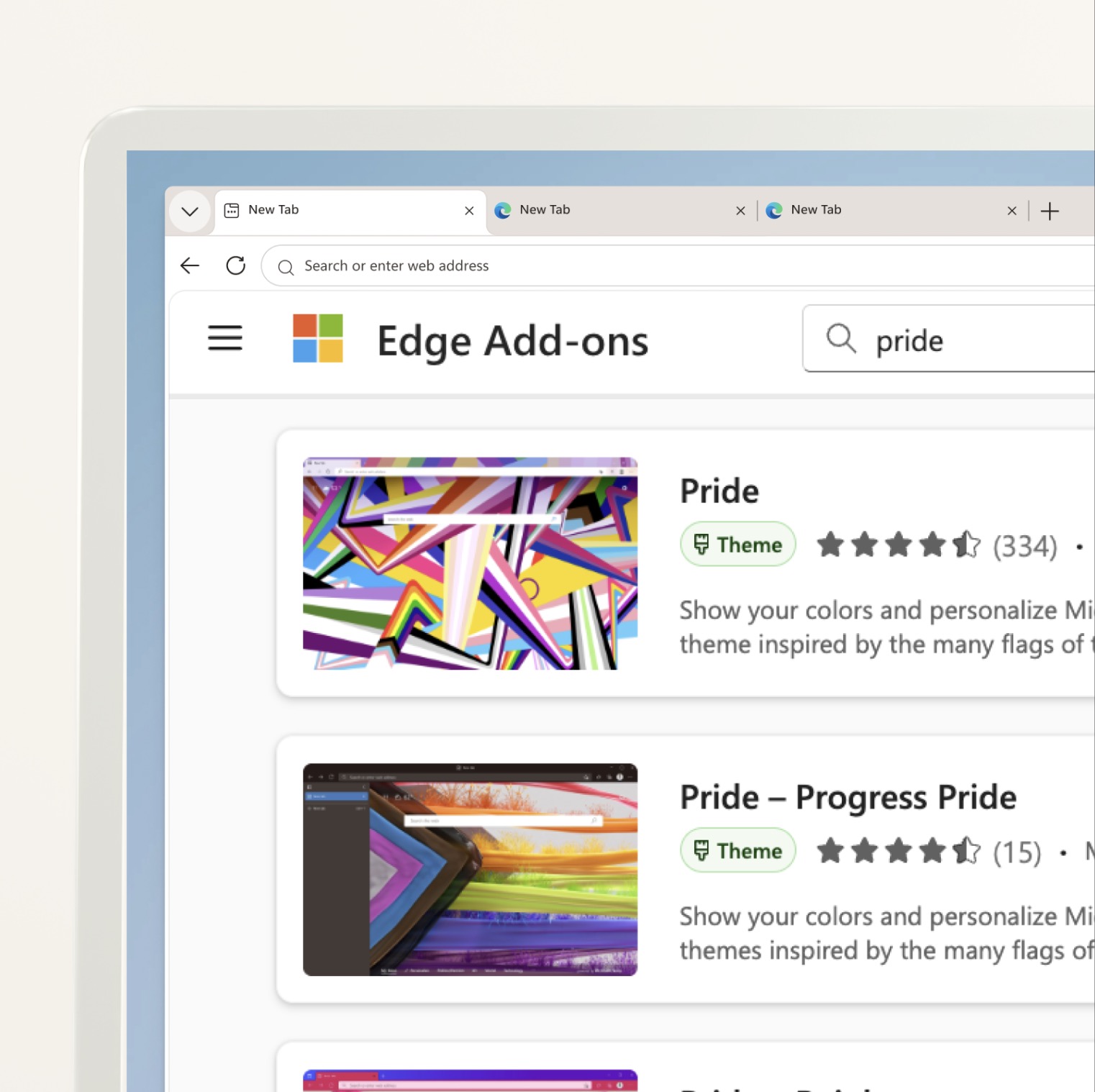 Microsoft Edge Add-ons store showing search results for "pride," displaying two browser themes: "Pride" with 334 ratings and "Pride – Progress Pride" with 15