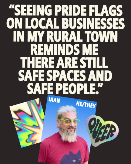 Quote graphic featuring Iaan (he/they pronouns) with the text: "Seeing pride flags on local businesses in my rural town reminds me there are still safe spaces and
