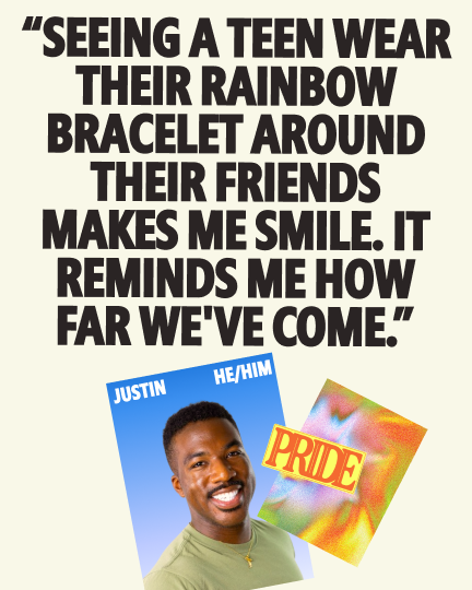 Quote graphic featuring Justin (he/him), a smiling young Black man in a green shirt, alongside a colorful Pride-themed card. The quote reads: "Seeing a teen wear