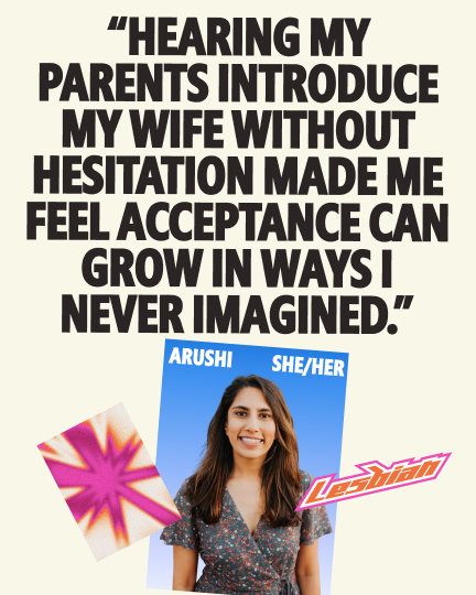 Quote graphic featuring Arushi (she/her), labeled as lesbian, smiling in a floral wrap top against a blue background. The quote reads: "Hearing my parents introduce